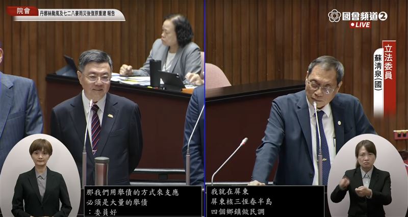 蘇清泉(右)質詢卓榮泰(左)時提到核三延役公投,遭韓國瑜制止。(圖/翻攝自國會頻道)