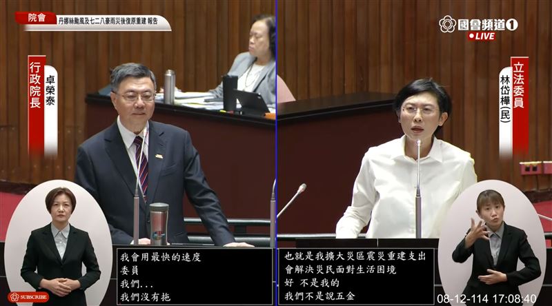 民進黨立委林岱樺追問行政院長卓榮泰普發現金一萬時程。(圖/翻攝自國會頻道)