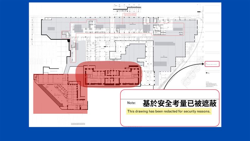 中國「超級大使館」計畫案的格局圖中,可見幾處未標明用途的房間。(圖/記者重新製圖)