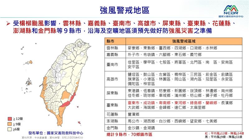 中颱楊柳侵襲台灣,強風、強降雨風險區一覽。(圖/國家災害防救科技中心提供)