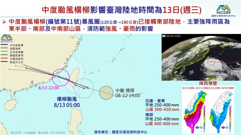 中颱楊柳侵襲台灣,強風、強降雨風險區一覽。(圖/國家災害防救科技中心提供)