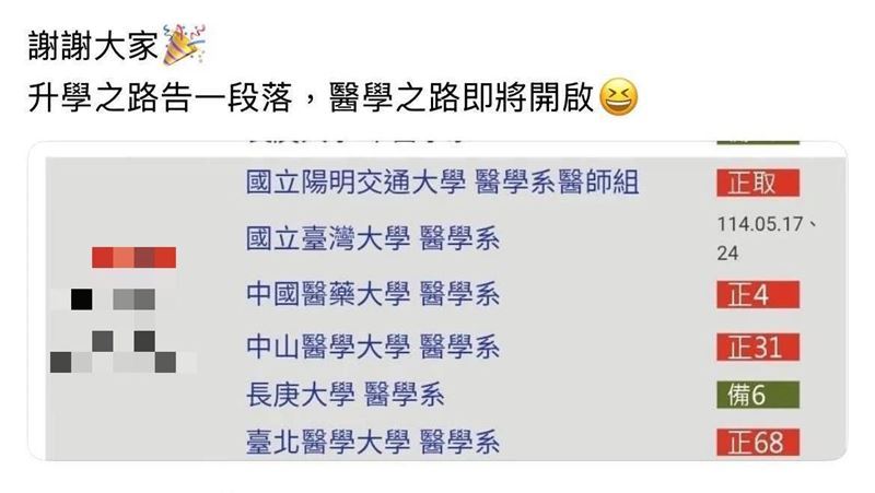 台中學霸高中生學習歷程疑似造假,遭5醫學系取消資格,今分科測驗放榜錄取成大醫學系。(圖/翻攝threads)