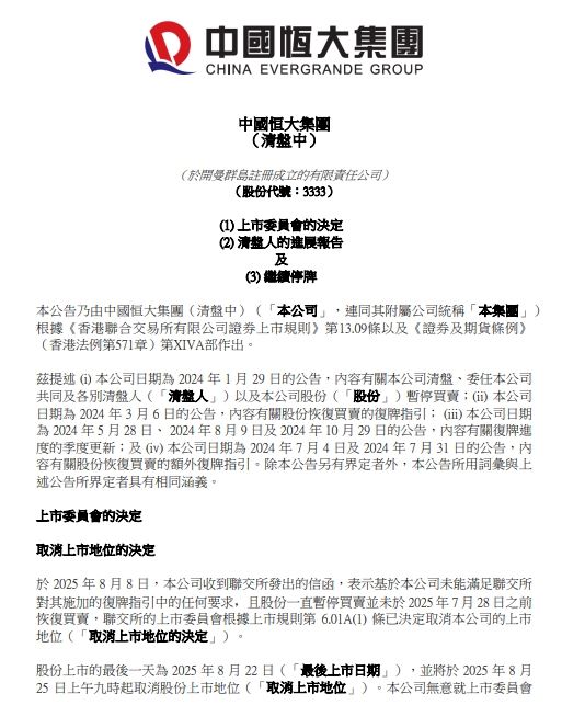 曾為中國房地產龍頭的恒大，如今確定從港交所除牌。（圖／翻攝自中國恒大）