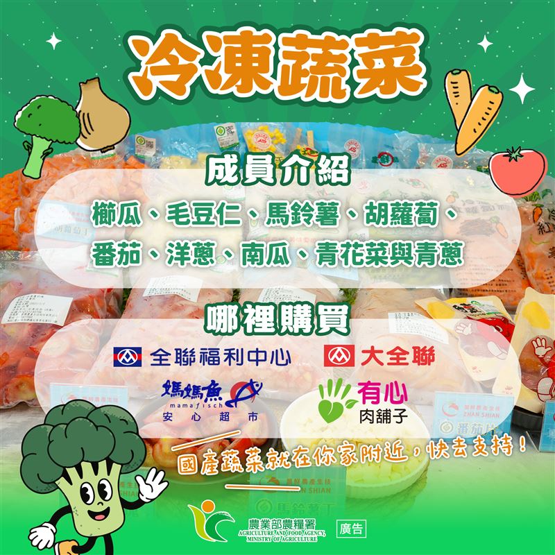 全聯、大全聯、媽媽魚等超市量販可買冷凍蔬菜。(圖/農糧署提供)