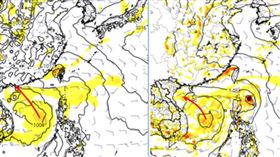 ▲南海的「熱帶擾動」有發展成颱風的機率；即使成颱，歐洲模式模擬為偏西北往海南島方向進行（左圖），美國模式模擬的路徑又更往西偏（右圖）。（圖／翻攝自洩天機教室）

