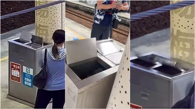 有民眾在楊梅火車站內發現，垃圾桶蓋子受強風影響，瘋狂旋轉。（圖／翻攝自爆料公社公開版）