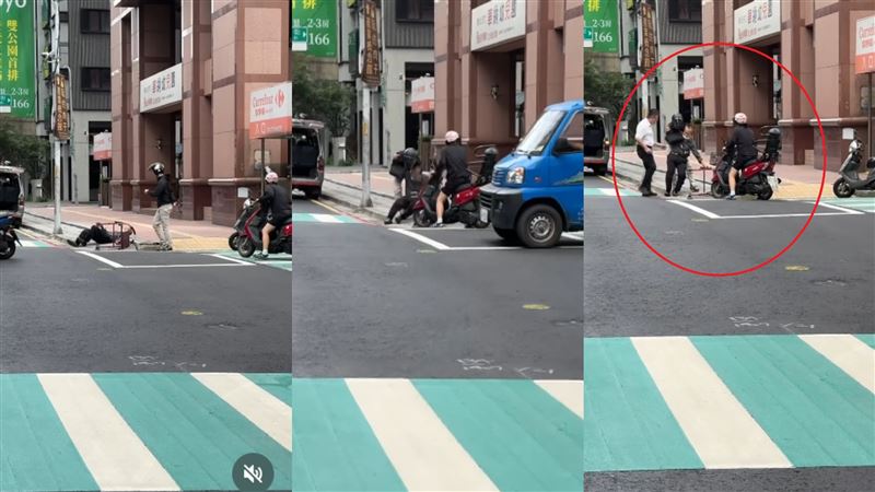 一名老翁被吹倒，路人紛紛上前攙扶。（圖／翻攝自Thread @chi_xxx26）