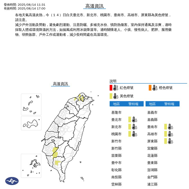 中央氣象署今（14）天11:31發布高溫資訊(黃色)。（圖／翻攝自氣象署）