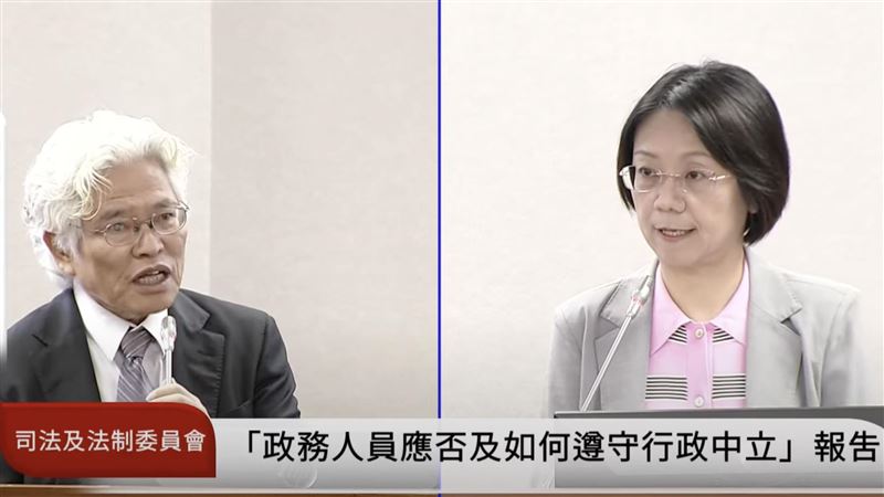 賴清德於民進黨中常會上表態反對核三公投，翁曉玲質疑他行政不中立，慘遭銓敘部長施能傑（圖左）打臉。（圖／翻攝自國會頻道）