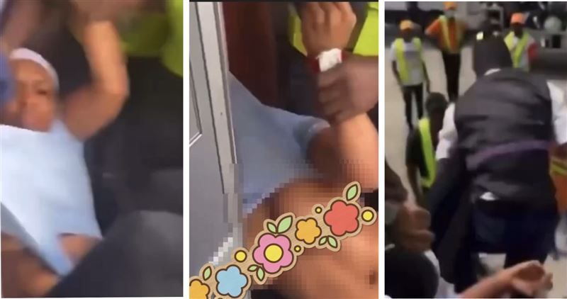 一名女子疑似因拒絕關手機與空服員發生衝突，她遭到航空公司人員強制帶離飛機，過程中激烈反抗，導致上衣被扯破、雙峰走光。（圖／翻攝自X@view_sammy）