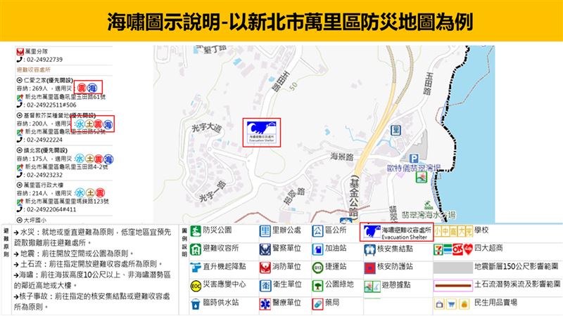 海嘯圖示說明，以新北市萬里區防災地圖為例。（圖／內政部提供）