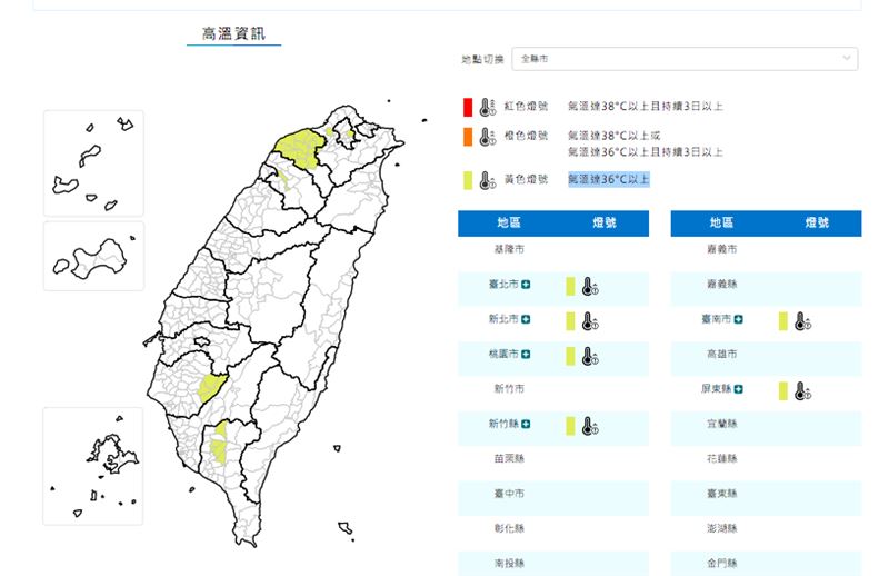 今日白天台北市、新北市、桃園市、新竹縣、台南市、屏東縣為黃色燈號。（圖／翻攝自氣象署官網）
