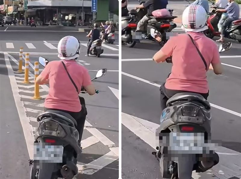 一名女騎士下橋後直接跨越槽化線、連切兩個車道，不僅未打方向燈，還不確認後方來車。（圖／翻攝自臉書＠爆怨2公社）