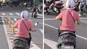 一名女騎士下橋後直接跨越槽化線、連切兩個車道，不僅未打方向燈，還不確認後方來車。（圖／翻攝自臉書＠爆怨2公社）