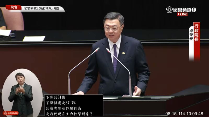 行政院長卓榮泰赴立法院就「新世代打擊詐欺策略行動綱領2.0執行成效」專案報告並備質詢。（圖／翻攝自國會頻道）
