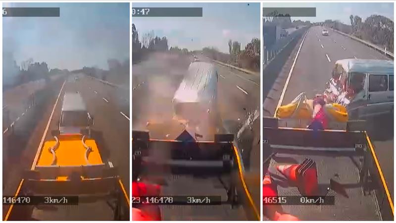 防撞工程車在內側車道作業中，廂型車在完全沒有煞車的情況下高速衝撞。（圖／翻攝自爆料公社）