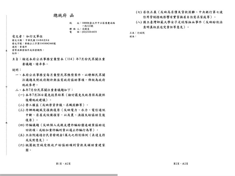總統府出示整份公文，強調內容皆清楚明示為民眾陳情之議題整理。（圖／總統府提供）