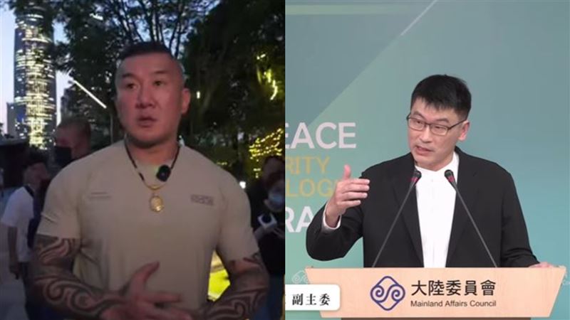 館長（左）嗆梁文傑（右），「我說要去看九三閱兵，你在那邊恐嚇我是不是？」。（圖／翻攝館長惡名昭彰YouTube頻道、陸委會直播）