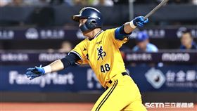 中職36年例行賽，中信兄弟捕手陳統恩敲出安打送回宋晟睿、黃韋盛超前比數。（圖／記者劉彥池攝影）