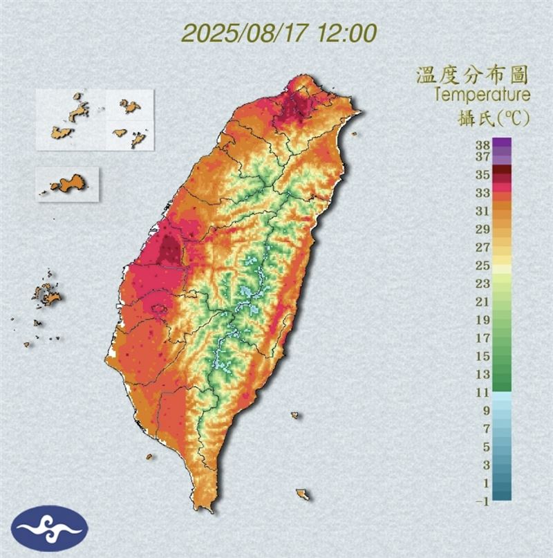 雙北及彰化熱到發紫。（圖／氣象署）