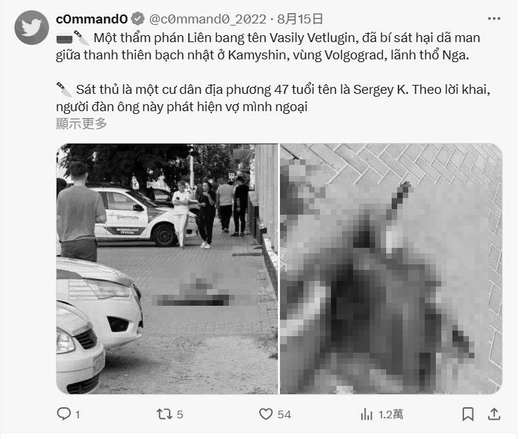 俄羅斯伏爾加格勒州卡米申市（Kamyshin）驚傳駭人命案，法官當街遭殺害。（圖／翻攝自X平台 @c0mmand0_2022帳號）