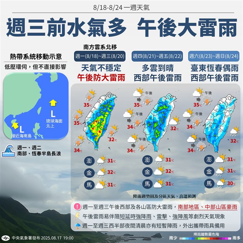 氣象署指出，下週「低壓」的影響較少，降雨主要是「南方雲系」所致。（圖／報天氣 - 中央氣象署）