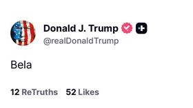 美國總統川普突在 Truth Social 留下一個「Bella」，沒有前因後果，瞬間引發全球市場揣測，台灣鄉民甚至解讀成「別拉」，，是否在告訴主力不要再拉抬股價？不少投資人心驚驚，擔心隔天股市恐怕再度天崩地裂。（圖／翻攝自川普Truth Social） 