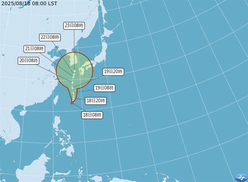 位於台灣東側海面的熱帶擾動今日上午增強為熱帶性低氣壓（TD15）。（圖／氣象署）