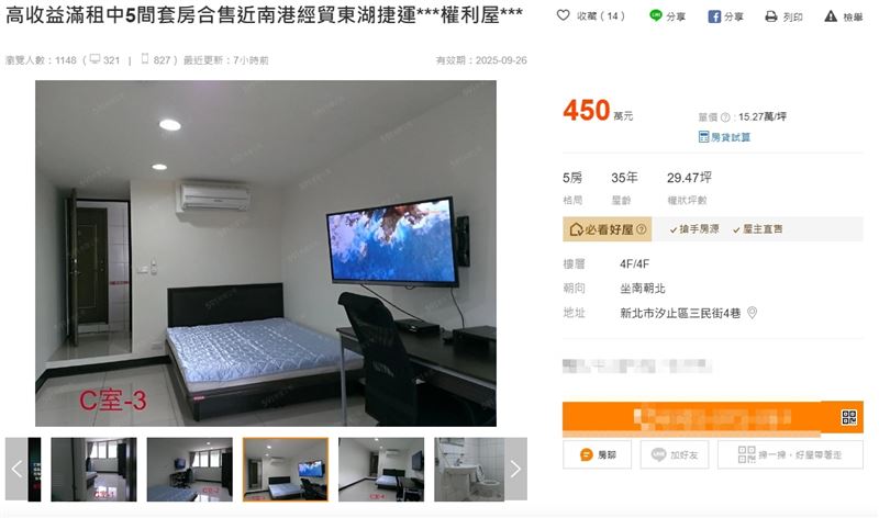 汐止5間套房只賣450萬,1坪僅約15萬,不過有標示為權利屋。(圖/翻攝591房屋交易網)