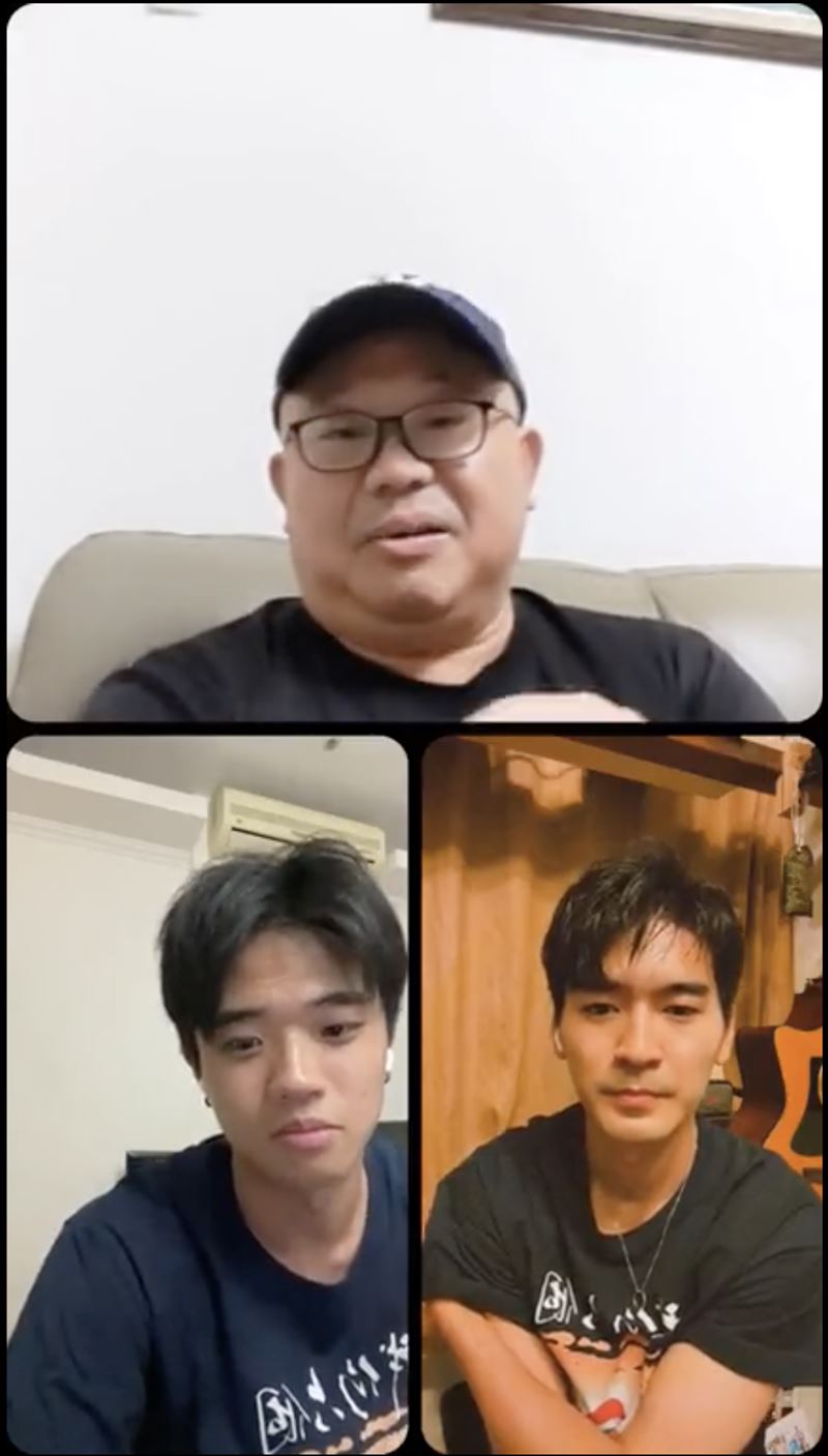 林作賢（上）直播中與飾演自己青少年及成年時期的潘親御（下左）、涂善存同框。（圖／大愛提供）