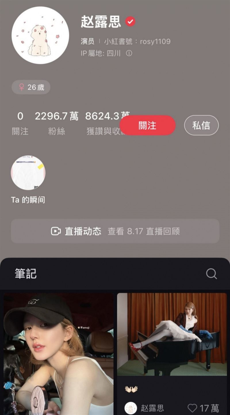 趙露思砍微博之後轉戰粉絲數更大的小紅書。（圖／翻攝自小紅書）