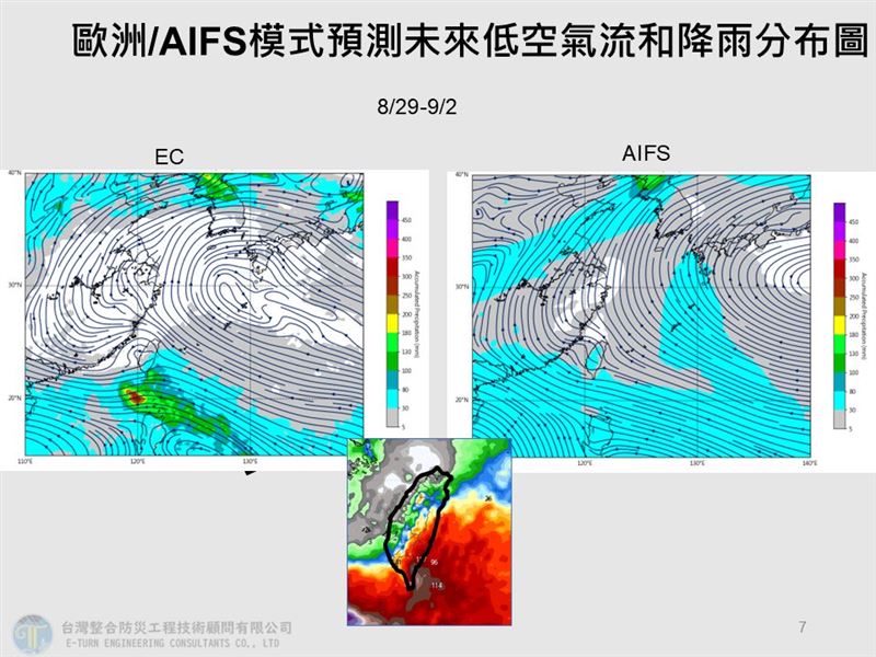 利用歐洲模式及AIFS模式預估未來低空氣流和降雨趨勢。（圖／翻攝自賈新興臉書）