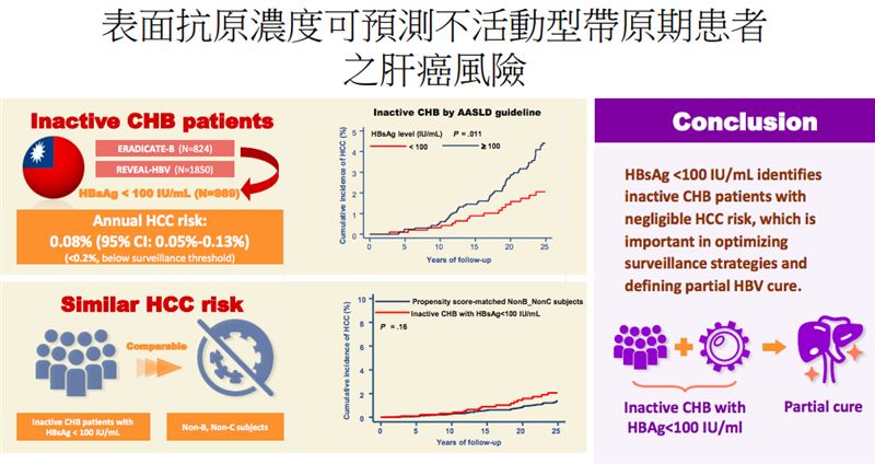 表面抗原濃度可預測不活動型帶原期患者之肝癌風險。(圖/台大醫院提供)