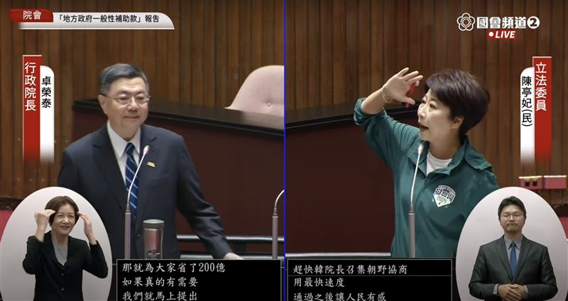 陳亭妃（右）質詢時比出敬禮手勢，拜託韓國瑜盡快召集朝野協商。（圖／翻攝自國會頻道）