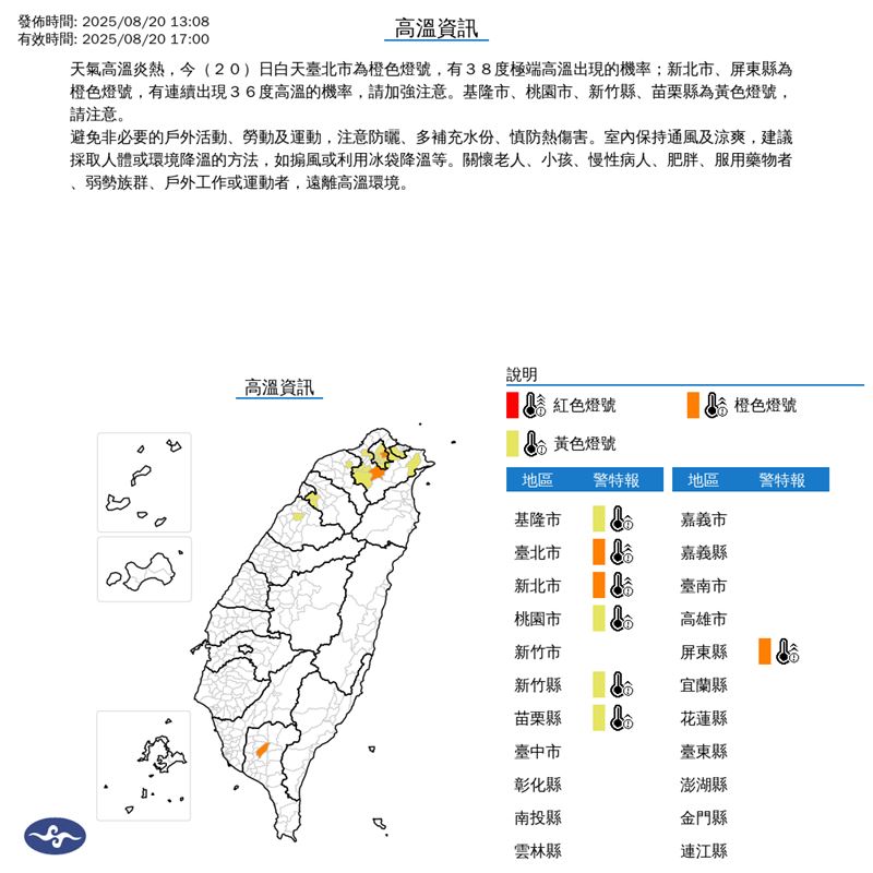 中央氣象署今（20）日13時08分發布高溫資訊。（圖／氣象署）