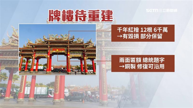 12根千年紅檜確定毀損，儘可能部分保留，而正反兩面總統匾額修復後可沿用