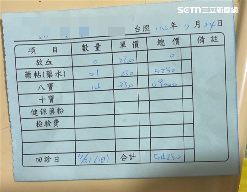 家屬指控在中風放血治療過程中收費過高，三次就診共支出高達 27 萬 5900 元。（圖／翻攝畫面）