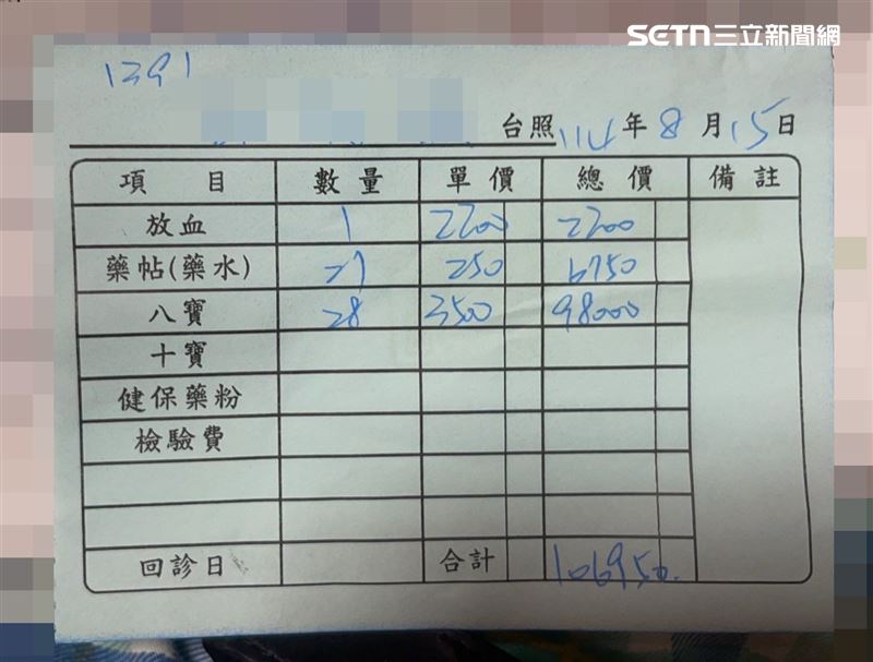 家屬指控在中風放血治療過程中收費過高，三次就診共支出高達 27 萬 5900 元。（圖／翻攝畫面）