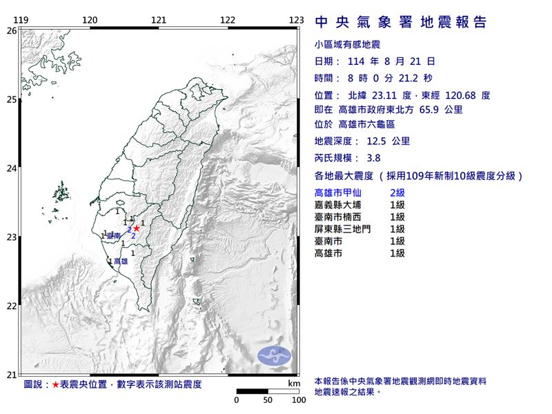 高雄地震規模3.8。（圖／翻攝自中央氣象署）