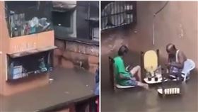 洪災毀街道！印度人不怕「淹水當泡腳」坐路上大喝酒（組合圖／翻攝自X＠MithilaWaala）