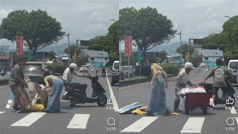 藍波老師在宜蘭開車開到一半，前方回收阿伯突然摔倒導致紙箱散落在地，藍波老師父女倆趕緊下車救援。（圖／翻攝自藍波老師臉書）