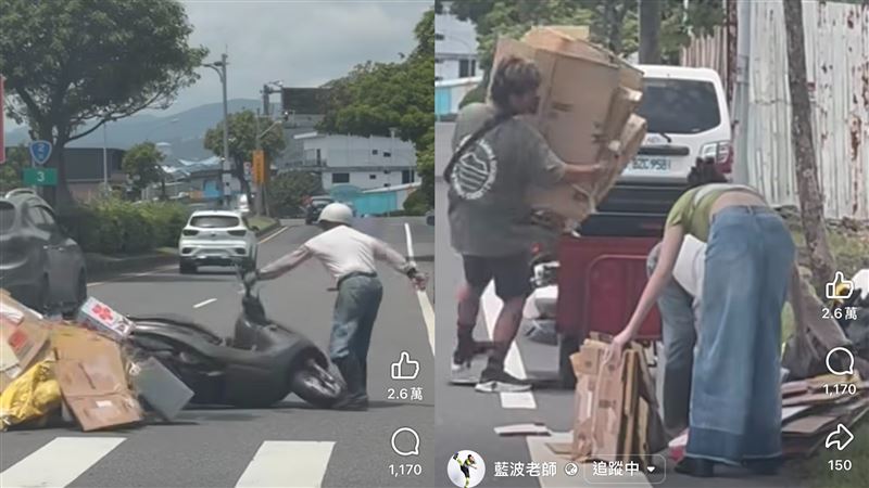 藍波老師父女倆先將紙箱及機車移到路邊，再與阿伯一起將回收紙箱放回拖車。（圖／翻攝自藍波老師臉書）