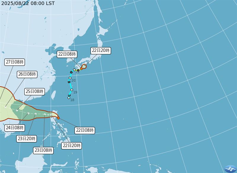 在菲律賓東邊海面、呂宋島附近的熱帶性低氣壓持續往南海前進。（圖／氣象署）