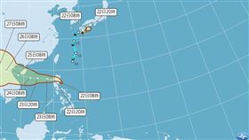 在菲律賓東邊海面、呂宋島附近的熱帶性低氣壓持續往南海前進。（圖／氣象署）