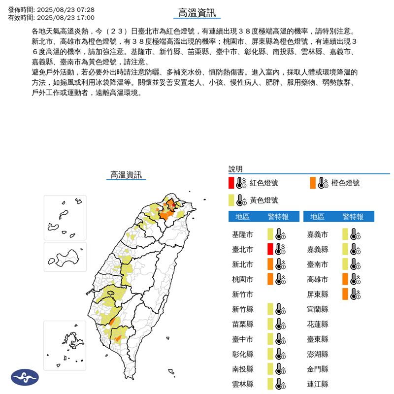 15縣市亮高溫燈號。（圖／氣象署）