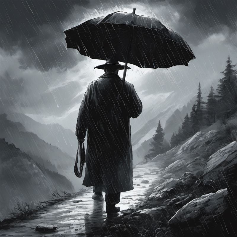 一名工班因為山上突然下雨，隨手撿了一把傘救急，結果被「傘中鬼」跟回家。（圖／AI生成）