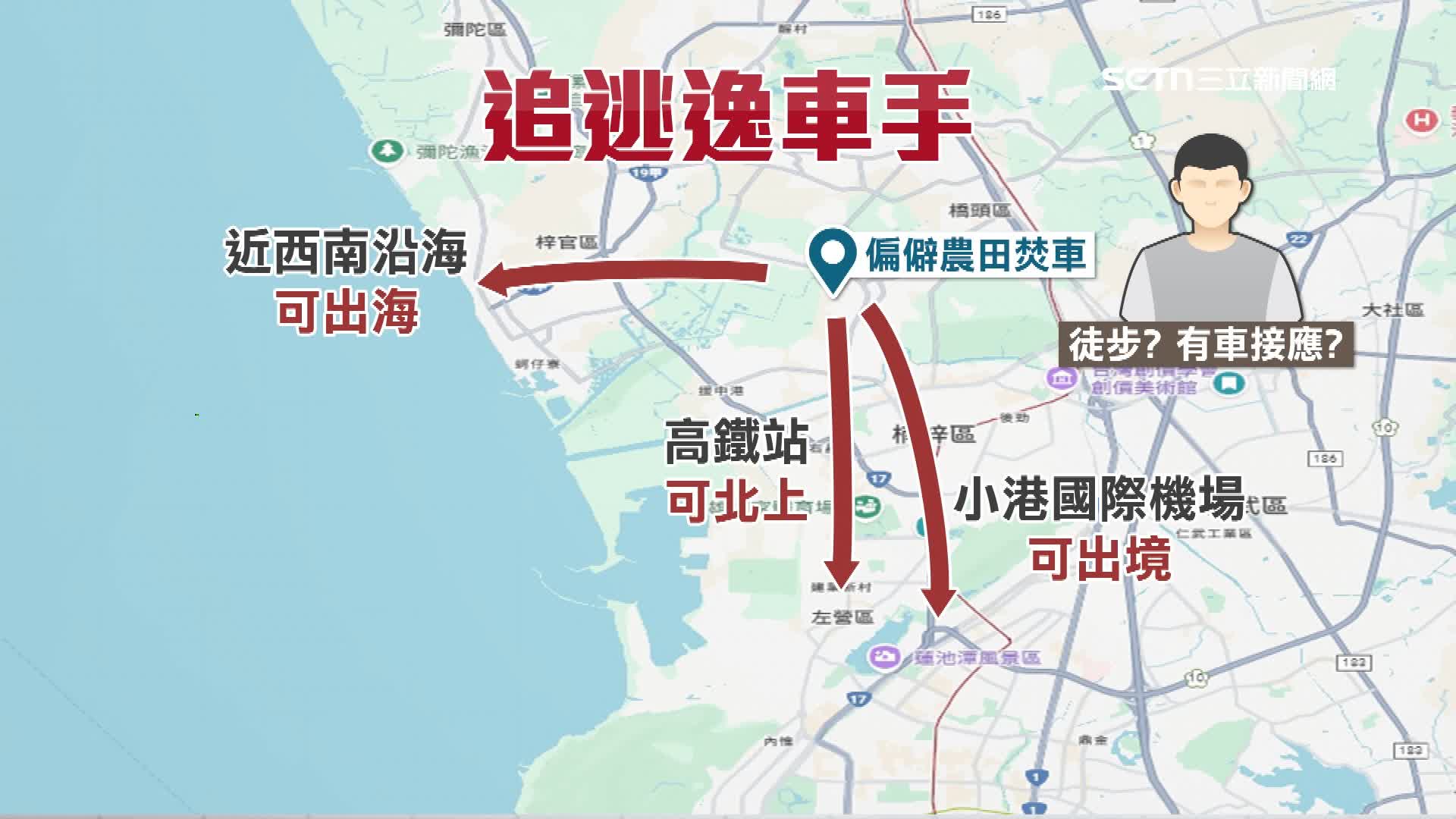 槍手焚車地點近西南沿海，可以出海或是直接到高鐵站，還可以一路往南到小港機場