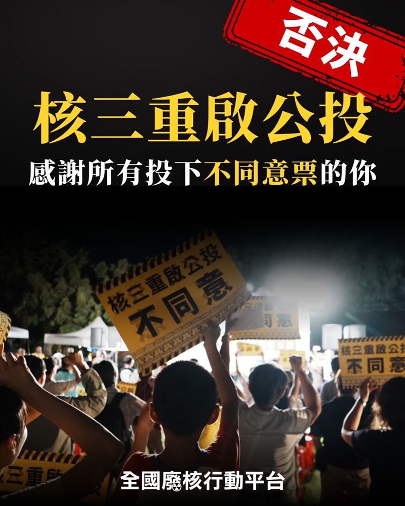 全國廢核行動平台今（23）天晚間表示，公投結果出爐，重啟核三被否決。（圖／翻攝自全國廢核行動平台）
