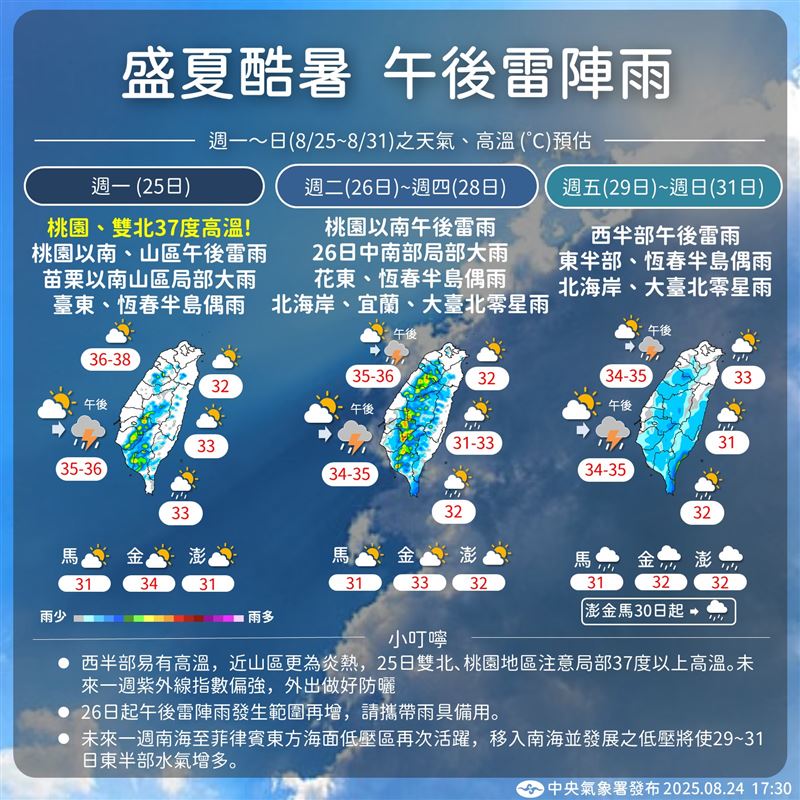 下週五起，午後各地有雷陣雨，須留意強風、雷擊、冰雹等短時間劇烈天氣。（圖／氣象署）