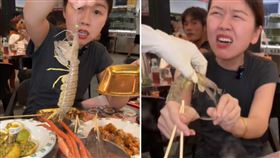 活蝦蛄下鍋！牠反抗「刺穿食客右手」　猛勾1分鐘不鬆開（圖／翻攝自抖音）